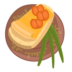 Sandwich with cheese, green onions and tomato slices on a brown plate. Top view. A snack. Flat bright vector illustration.