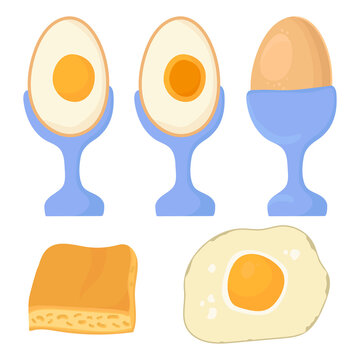 A set of drawings of a breakfast of eggs. An egg on a stand. Hard-boiled and soft-boiled egg in a cut on a stand, omelet, scrambled eggs. Colored flat vector illustration isolated on white background.