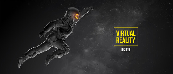 VR headset with neon light, future technology concept banner. Astronaut with virtual reality glasses on black background. VR games. Vector illustration. Thanks for watching - obrazy, fototapety, plakaty