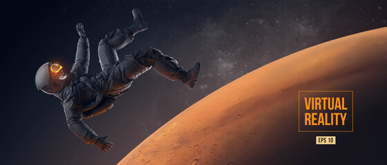 VR headset with neon light, future technology concept banner. Astronaut with virtual reality glasses on black background and Mars planet. VR games. Vector illustration. Thanks for watching © matrosovv