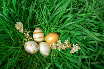 Fototapeta na wymiar elegant gold white shiny eater eggs in the big green grass