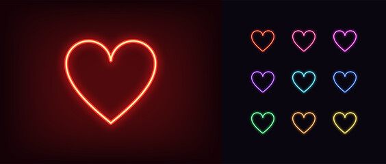Neon heart suit icon. Glowing neon hearts sign, outline card suit symbol and silhouette © Дмитрий Майер