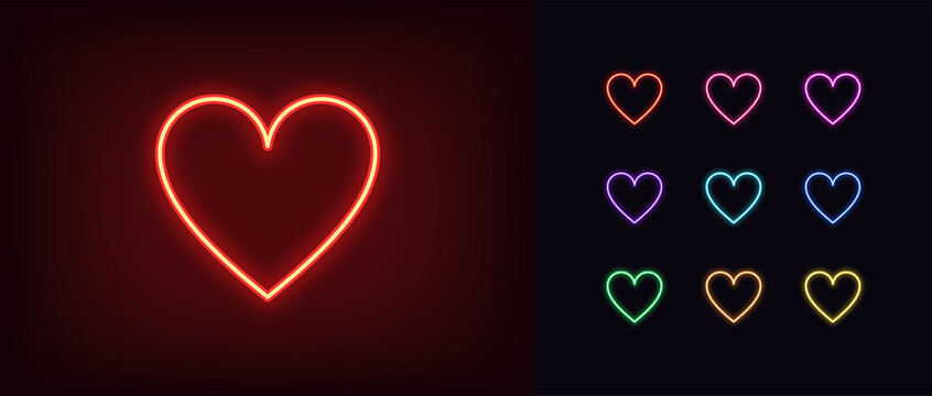 Neon heart suit icon. Glowing neon hearts sign, outline card suit symbol and silhouette