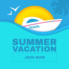 Summer vacation journey. Travel concept. Boat, yacht, sun, palms and sea waves.