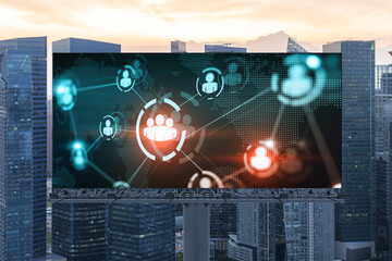 World planet Earth map hologram of social media icons over sunset panoramic cityscape of Singapore, Southeast Asia. The concept of people connections.