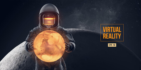 VR headset with neon light, future technology concept banner. Astronaut with virtual reality glasses on black background and Mars planet. VR games. Vector illustration. Thanks for watching © matrosovv