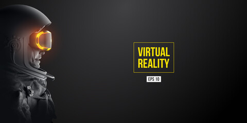 VR headset with neon light, future technology concept banner. Astronaut with virtual reality glasses on black background. VR games. Vector illustration. Thanks for watching © matrosovv