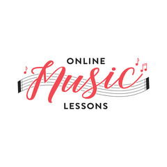 Online Music Lessons Logo, Online Lesson, Musical Lessons, Guitar School, Music School, Music Teacher, Music Lesson Vector Illustration Background