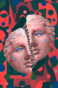 Fototapeta Collage with sculpture of human face in a pop art style. Modern creative concept image with ancient statue head. Zine culture. Contemporary art poster. Funky punk minimalism. Crypto art design.