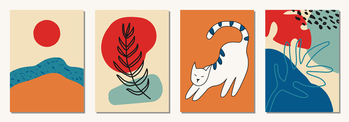 Set of hand drawn abstract animals in modern, trendy colors, minimalism art.