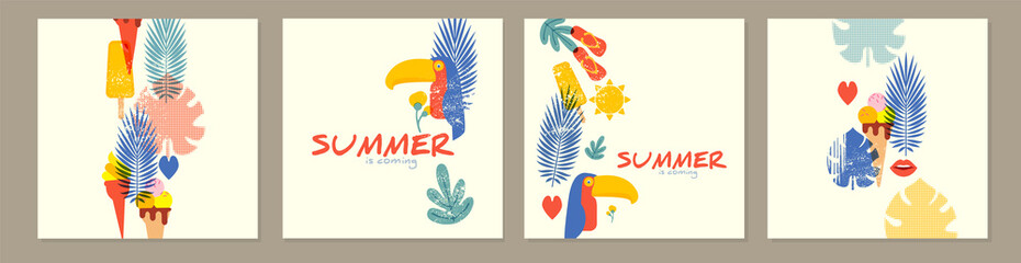 Summer is coming poster set. Design template with silk-screen effect. Serigraphy design.