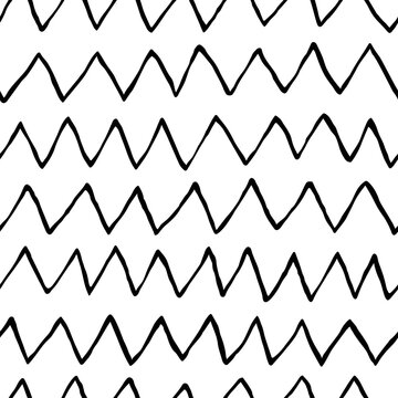Hand drawn zig zag vector seamless pattern. Trendy scandinavian style background. Black and white nordic print template. Doodle lines with right and left turns sketch texture, trendy illustration