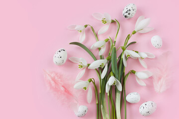 Spring flowers-  white snowdrops, easter eggs and feathers., pink background. Easter template, spring background, greeting card.8 march, women's day, mother's day
