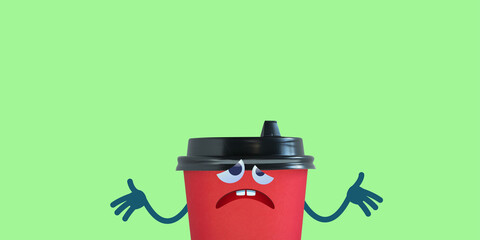 A frustrated disposable cup with googly eyes makes a helpless gesture.