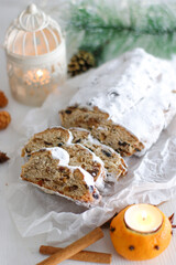 Christmas stollen. This is an unforgettable delicious holiday cake with dried fruits, nuts and spices.