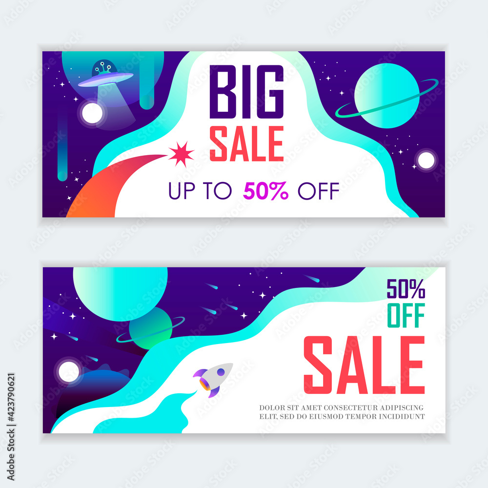 Wall mural Set of horizontal templates for web banners, advertisements, flyers, posters. Space modern background. Vector illustration. Planets, rocket, alien, universe, galaxy. Childish cartoon design