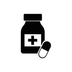 Medicine bottle and pills. Black and white icon.