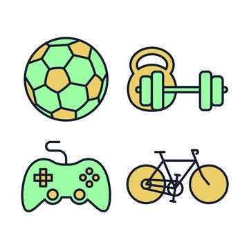 Set of hobby icon. Hobbies for children or people at home and outdoors. Sports, reading, drawing, music and singing, photo and video symbol template for graphic and web design collection logo vector i