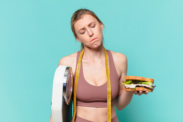 young pretty sport woman sad expression and holding a scale and a sandwich