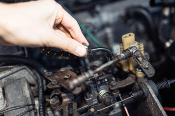 Fototapeta na wymiar check of fuel hoses of a diesel engine of a car, diagnostics.