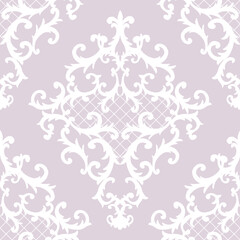 Seamless baroque style damask ornamental pattern. Hand drawn white texture on pastel pink background