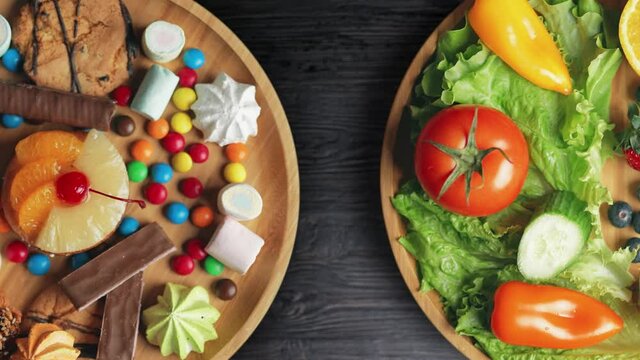 Healthy nutrition concept. Fruits and vegetables vs candy sweets and unhealthy food. Top view.