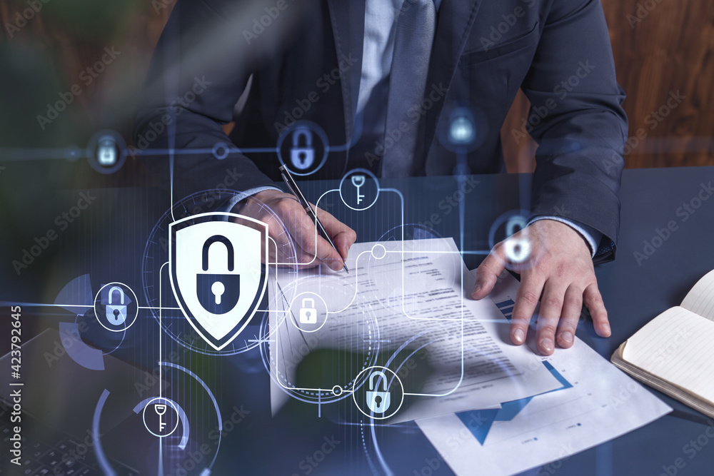 Poster a businessman in formal wear signing the contract to prevent probability of risks in cyber security.