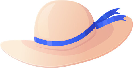 Retro woman straw beach hat with blue ribbon icon. Tropical sun protection accessories, sea or ocean travel concept