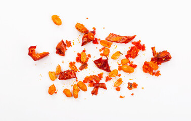 Red pepper mixture with peanuts, sesame seeds and chinese spices on white background