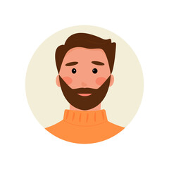 avatar bearded brown-haired man in a sweater. Portrait of a brutal man, geologist, snowboarder, skier, student, partner, sales manager. For advice, bots, support. Vector illustration.
