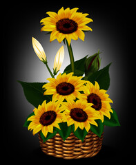 Feliz Día de la Madre con girasoles y lirios. Ilustración brillante con flores amarillas y sombra. Flores de hermosas para las vacaciones.