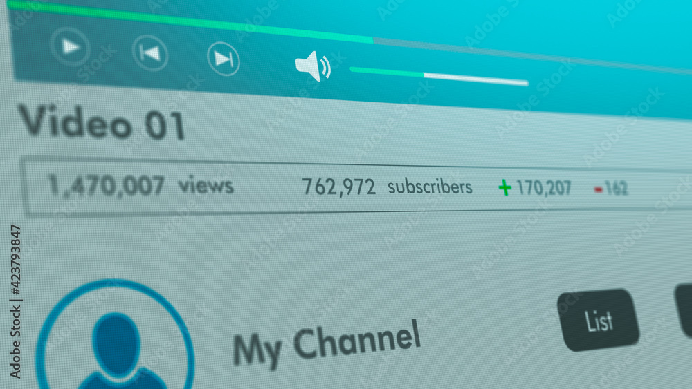 Aufkleber close-up view of a computer monitor, video channel template with lot of views and subscribers, light