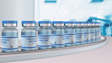 pharmaceutical conveyor with coronavirus vaccine bottles, close-up view (3d render)