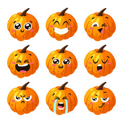 Cartoon Character Emoji  Pumpkin. Hand drawn stylish vegetable. Vector  drawing fresh organic food Emoticon. Summer Vegan Illustration Spice Season