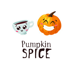 Cartoon Character Emoji  Pumpkin and Text. Hand drawn stylish vegetable. Vector  drawing fresh food Emoticon and Quote. Summer Vegan Illustration Spice Season