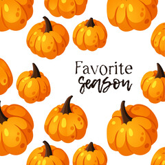 Cartoon Pumpkin Spice Season Image with Text. Hand drawn stylish vegetable. Vector drawing fresh organic food and Quote. Summer illustration vegan ingrediens for smoothies or Pie