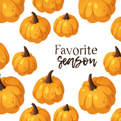 Cartoon Pumpkin Season Image with Text. Hand drawn stylish vegetable. Vector artistic drawing fresh organic food and Quote. Summer illustration vegan ingrediens for smoothies or Pie