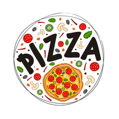 Hand drawn pizza emblem in doodle style. Sausage pizza word. Logo for a pizzeria, cafe or restaurant. Vector food illustration