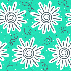 Seamless doodle pattern of suns and spirals. Paper cut elements on a turquoise background. Summer vector illustration on the theme of recreation, sea, heat and vacations.