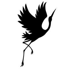 The silhouette of a flying crane on a white background.