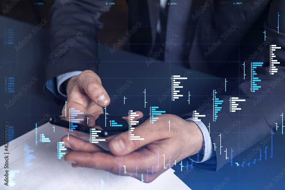 Poster trader holding in the hands a smart phone and researching stock market to proceed right investment s