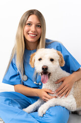 Young veterinarian woman with dog sitting on the floor