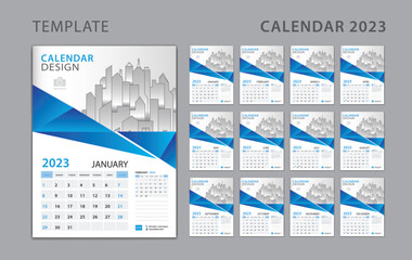 Calendar 2023 template, Set Desk Calendar design with Place for Photo and Company Logo. Wall calendar 2023. Week Starts on Sunday. Set of 12 Months. Blue polygon background - obrazy, fototapety, plakaty