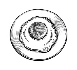 Ink sketch of fried egg on plate.