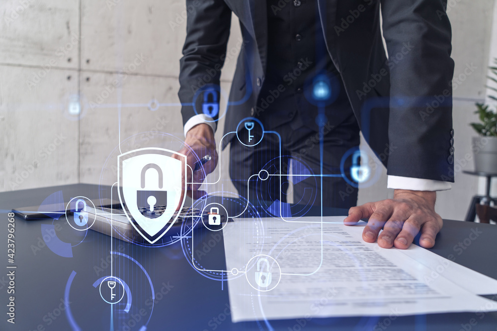 Poster a businessman computing probability of risks in cyber security protection using calculator. padlock 