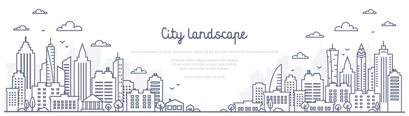 Cityscape line panorama - urban landscape in linear style on white background. Thin line vector illustration.