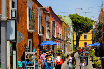 Colorful streets and buildings of the city of Puebla, Mexico.