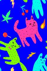 Funny face dogs and cats, decoration with weeds, lollipop, flame, thunder and cherry in neon color, hand drawn doodle style seamless pattern 