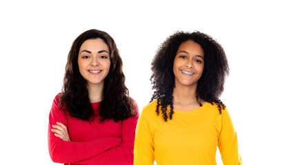 Two beautiful young girs with colorful sweaters