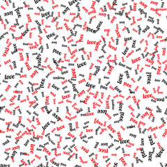 Seamless pattern with the word Love written in black and red. Vector Illustration
